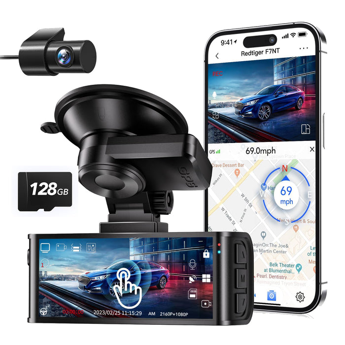 F7NT-MAX Redtiger Touchscreen 4K Front + HD Rear Dual Dash Cam Kit App & WiFi Control DVR and Parking Monitoring Camera, 128 GB High Capacity SD Card Included