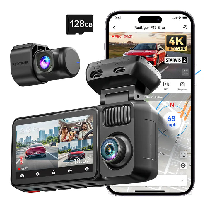 F17 Elite Redtiger 4K 3-Channel Dash Camera Ultra-Color Sony STARVIS 2 Dual HDR WiFi 6 Voice Control Touch Screen 128GB Card Included