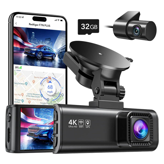 F7NP Redtiger 4K Front + HD Rear Dual Dash Cam Kit App & WiFi Control DVR and Parking Monitoring Camera, 32GB SD Card Included