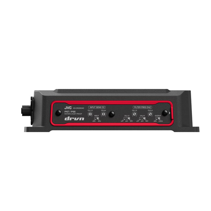 KS-DR2004D JVC 4-Channel Compact Powersports Digital Amplifier 50Wx4 at 4ohms 75Wx4 at 2ohms RMS, 600W Peak Marine, UTV & Motorsport Vehicles, Solid Corrosion-Resistant Aluminum Chassis, IP66 / IP67 Certified and Water Vibration-Proof