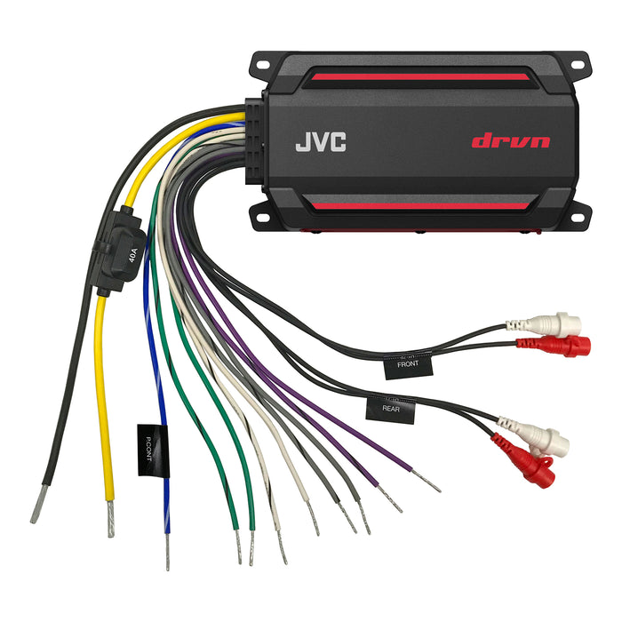 KS-DR2004D JVC 4-Channel Compact Powersports Digital Amplifier 50Wx4 at 4ohms 75Wx4 at 2ohms RMS, 600W Peak Marine, UTV & Motorsport Vehicles, Solid Corrosion-Resistant Aluminum Chassis, IP66 / IP67 Certified and Water Vibration-Proof