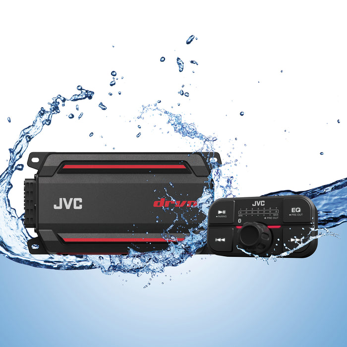 KS-DR2104DBT JVC 4-Channel Compact Powersports Amplifier with Built-in Bluetooth Streaming Controller, 50Wx4 at 4ohms 75Wx4 at 2ohms RMS 600W Peak Marine, ATV and Powersport Applications IP66 / IP67 Waterproof, Dustproof, Rust Proof and Vibration Proof
