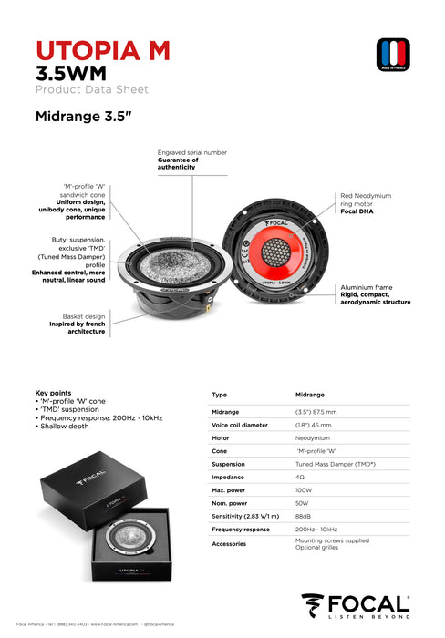 3.5 WM Focal Utopia M 3.5" Midrange Speaker Driver 50W RMS Elite Car Audio 4 Ohm (Single Speaker)