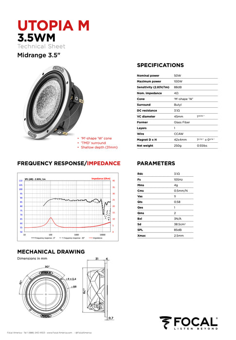 3.5 WM Focal Utopia M 3.5" Midrange Speaker Driver 50W RMS Elite Car Audio 4 Ohm (Single Speaker)