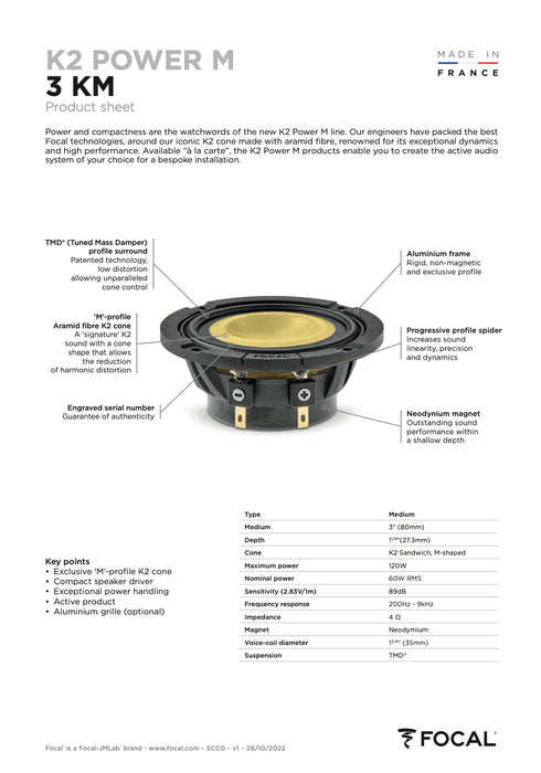 3 KM Focal K2 Power M 3" Midrange Speaker 60W RMS Elite Car Audio 4 Ohm (Single)