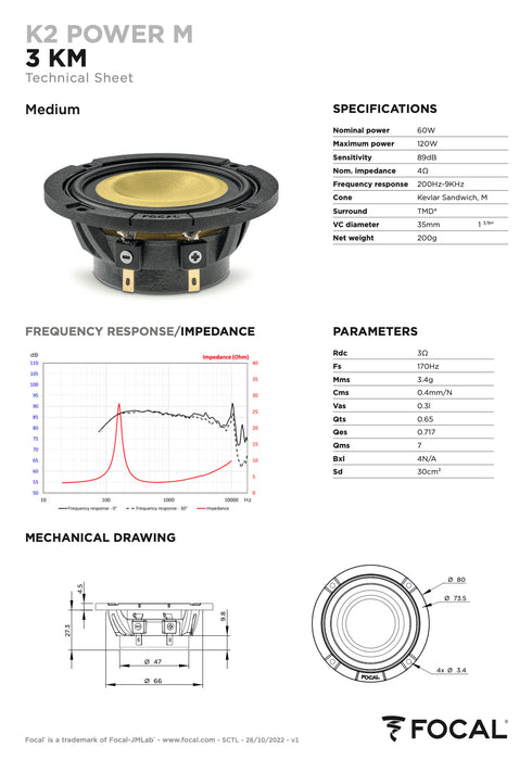 3 KM Focal K2 Power M 3" Midrange Speaker 60W RMS Elite Car Audio 4 Ohm (Single)
