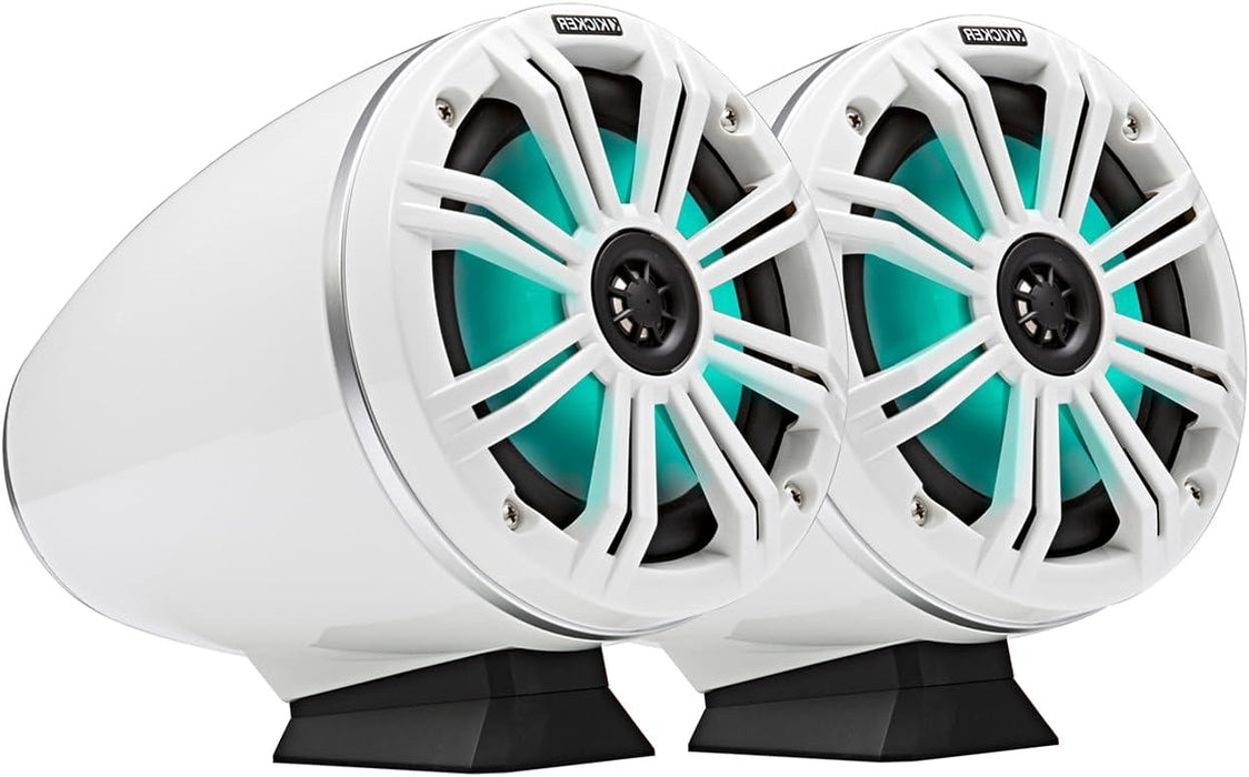 46KMFC65W KICKER KM Series 6.5" White Marine LED Lighted Coaxial Speakers+Surface Flat Mount Pods 4 Ohm (Pair) - Pro Audio Center