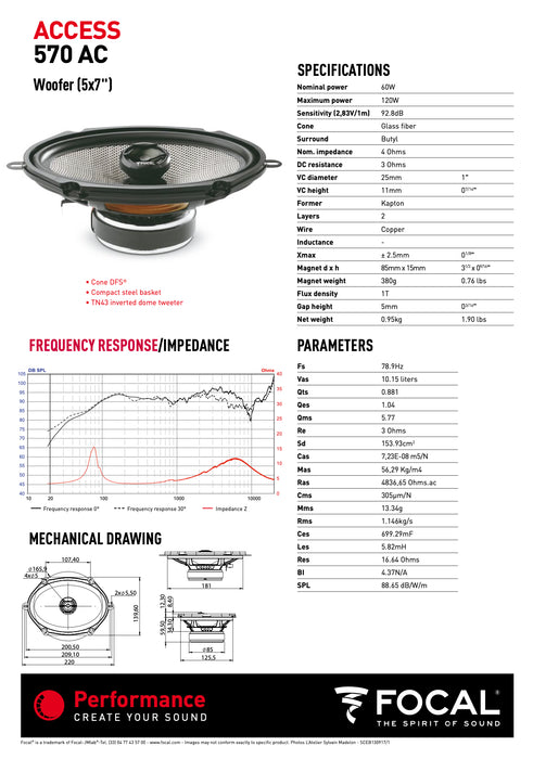 570 AC Focal Access 5x7" inch Coaxial 2 Way Speakers 60W RMS 4 Ohm Performance Car Audio (Pair)