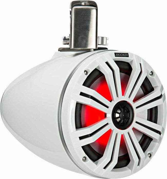 45KMTC8W KICKER KM Series 8" White Marine LED Lighted Coaxial Speakers + Wakeboard Tower Tube Clamp Mount Pods 4 Ohm (Pair)
