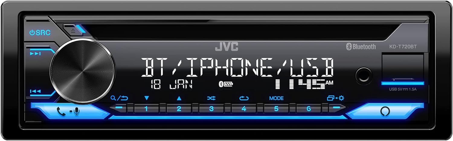 KD-T720BT JVC Single-Din CD Player Head Unit with Bluetooth, USB, AM/FM Radio, and MP3 Player, Amazon Alexa Enabled, 13-Digit LCD Dual-Line Display, Car Radio Stereo Receiver