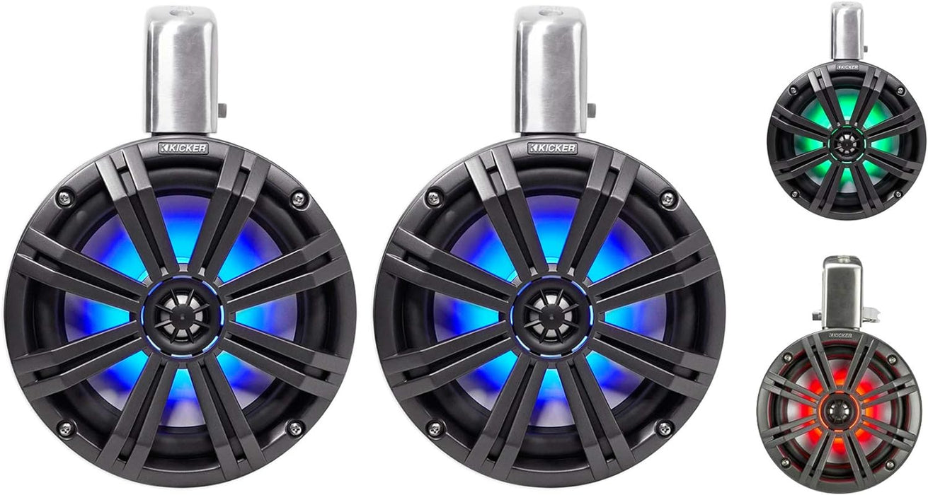 45KMTC8 KICKER KM Series 8" Black Marine LED Lighted Coaxial Speakers + Wakeboard Tower Tube Clamp Mount Pods 4 Ohm (Pair)