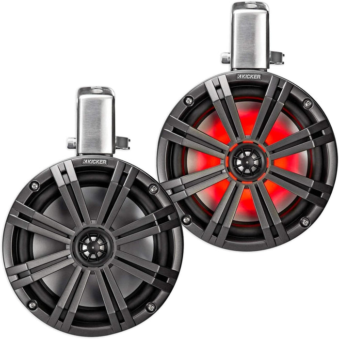 45KMTC8 KICKER KM Series 8" Black Marine LED Lighted Coaxial Speakers + Wakeboard Tower Tube Clamp Mount Pods 4 Ohm (Pair)
