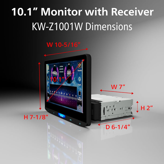 KW-Z1001W JVC 10.1" Floating Touchscreen HD Display Hi-Res Audio Digital Multimedia Receiver Single-Din Head Unit with Wireless CarPlay and Wireless Android Auto, HDMI, AM/FM, Bluetooth, USB-C, iDatalink Maestro, SiriusXM Ready, Car Radio
