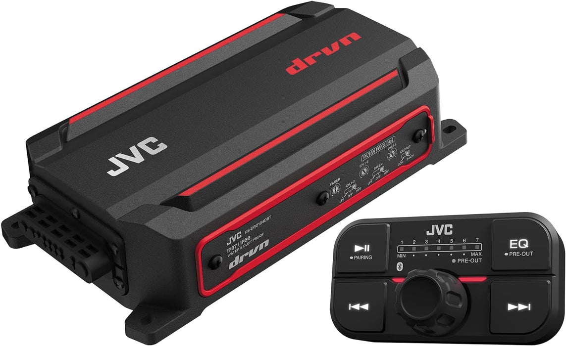 KS-DR2104DBT JVC 4-Channel Compact Powersports Amplifier with Built-in Bluetooth Streaming Controller, 50Wx4 at 4ohms 75Wx4 at 2ohms RMS 600W Peak Marine, ATV and Powersport Applications IP66 / IP67 Waterproof, Dustproof, Rust Proof and Vibration Proof