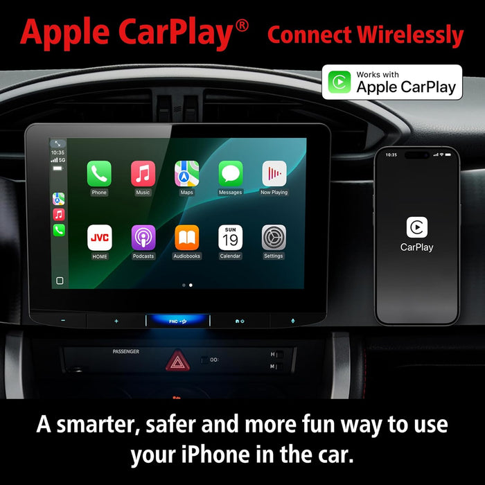 KW-Z1001W JVC 10.1" Floating Touchscreen HD Display Hi-Res Audio Digital Multimedia Receiver Single-Din Head Unit with Wireless CarPlay and Wireless Android Auto, HDMI, AM/FM, Bluetooth, USB-C, iDatalink Maestro, SiriusXM Ready, Car Radio