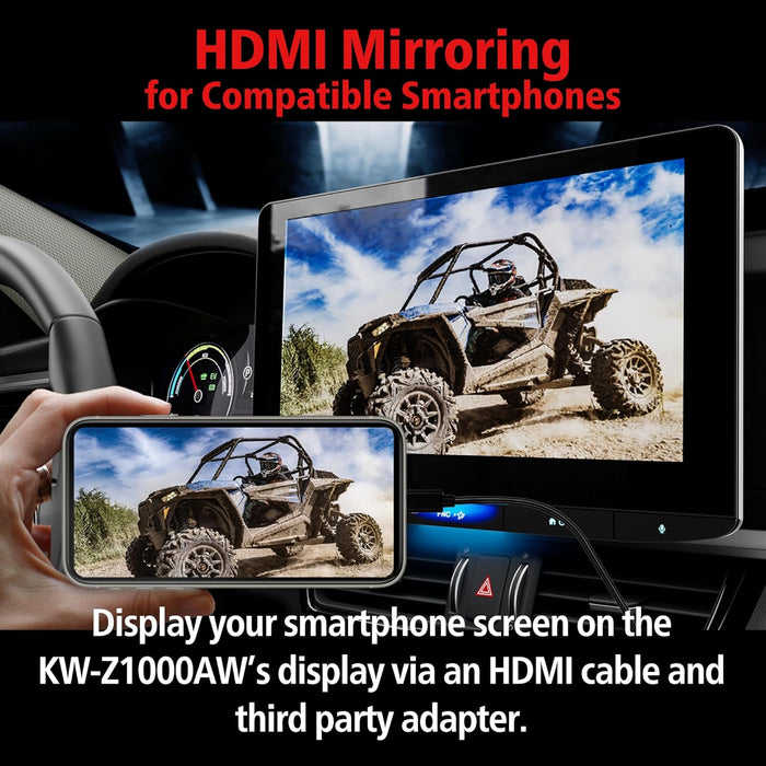 KW-Z1001W JVC 10.1" Floating Touchscreen HD Display Hi-Res Audio Digital Multimedia Receiver Single-Din Head Unit with Wireless CarPlay and Wireless Android Auto, HDMI, AM/FM, Bluetooth, USB-C, iDatalink Maestro, SiriusXM Ready, Car Radio