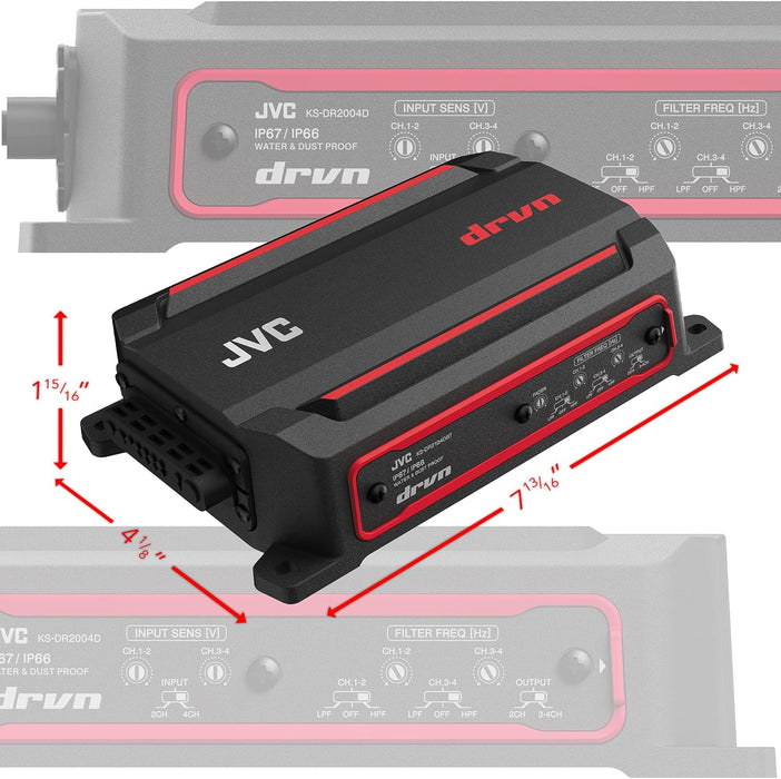 KS-DR2104DBT JVC 4-Channel Compact Powersports Amplifier with Built-in Bluetooth Streaming Controller, 50Wx4 at 4ohms 75Wx4 at 2ohms RMS 600W Peak Marine, ATV and Powersport Applications IP66 / IP67 Waterproof, Dustproof, Rust Proof and Vibration Proof