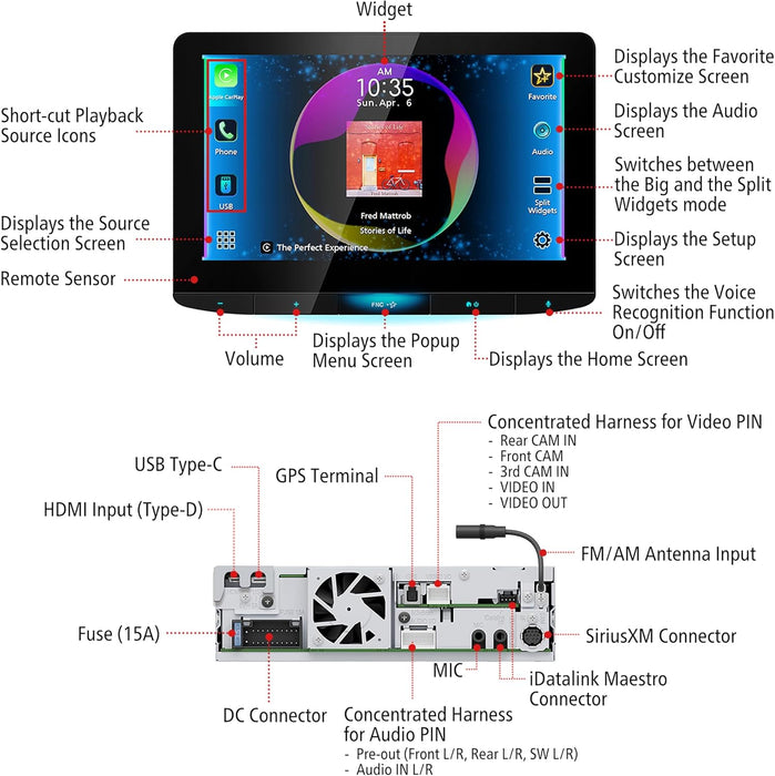 KW-Z1001W JVC 10.1" Floating Touchscreen HD Display Hi-Res Audio Digital Multimedia Receiver Single-Din Head Unit with Wireless CarPlay and Wireless Android Auto, HDMI, AM/FM, Bluetooth, USB-C, iDatalink Maestro, SiriusXM Ready, Car Radio