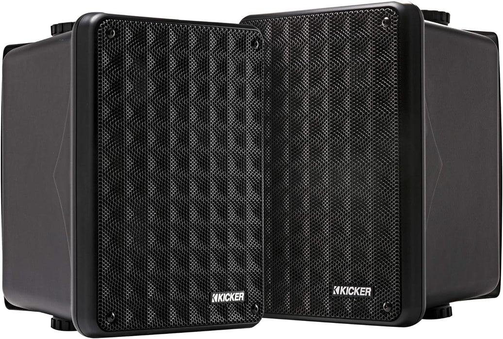 46KB6B KICKER 2-Way Full Range Indoor Outdoor Weatherproof Speakers for Patio Garage Poolside In-Home, 6.5 inch woofer, 2x5 inch Horn Tweeter Black 8 Ohm (Pair)