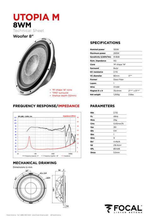 8 WM Focal Utopia M 8" Woofer 100W RMS Elite Car Audio 4 Ohm (Single Speaker)
