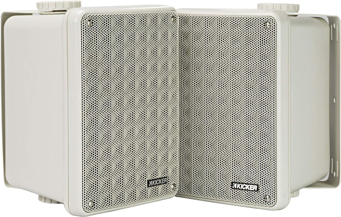 46KB6G KICKER 2-Way Full Range Indoor Outdoor Weatherproof Speakers for Patio Garage Poolside In-Home, 6.5 inch woofer, 2x5 inch Horn Tweeter Gray 8 Ohm (Pair)