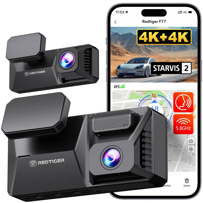 F77 Redtiger Touchscreen 4K Front + 4K Rear Sony Starvis2 Dual Dash Cam Kit App & 5.8GHz WiFi Voice Control DVR and Parking Monitoring Camera, 128 GB eMMC Storage