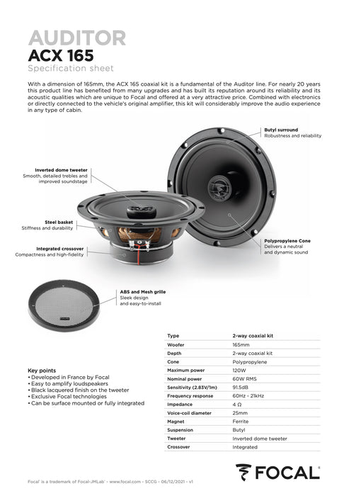 ACX 165 Focal Auditor 6.5" 6 1/2 inch Coaxial 2 Way Speakers 60W RMS 4 Ohm Performance Car Audio (Pair)