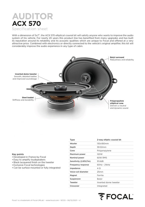 ACX 570 Focal Auditor 5x7" 6x8" Coaxial 2 Way Speakers 60W RMS 4 Ohm Performance Car Audio