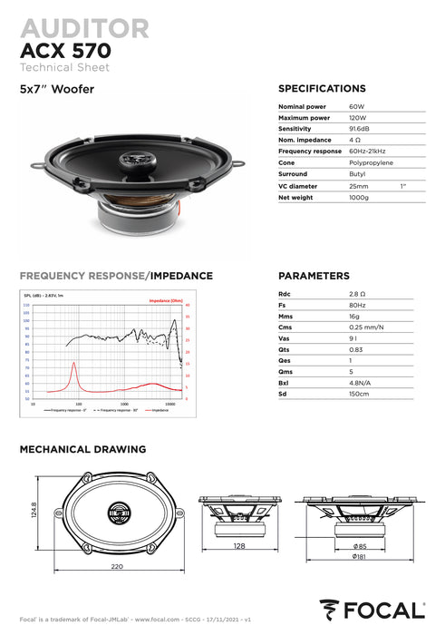 ACX 570 Focal Auditor 5x7" 6x8" Coaxial 2 Way Speakers 60W RMS 4 Ohm Performance Car Audio