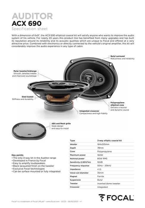 ACX 690 Focal Auditor 6x9" Coaxial 3 Way Speakers 80W RMS 4 Ohm Performance Car Audio