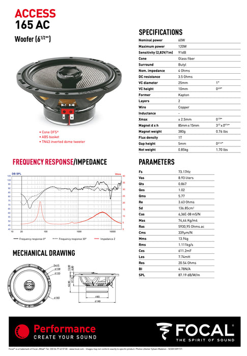 165 AC Focal Access 6.5" 6 1/2 inch Coaxial 2 Way Speakers 60W RMS 4 Ohm Performance Car Audio (Pair)