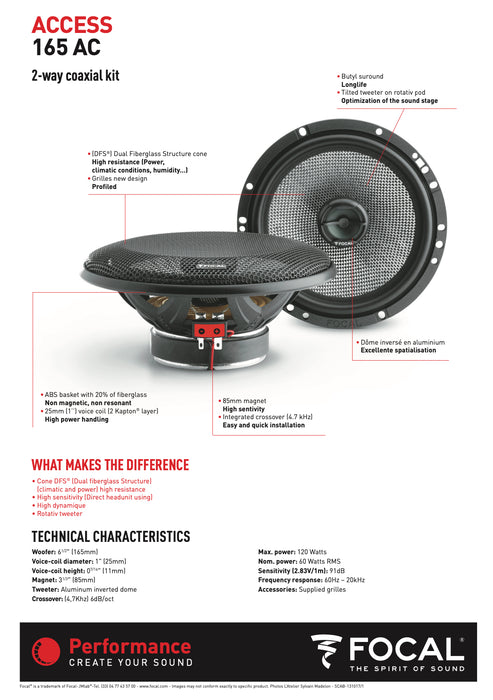 165 AC Focal Access 6.5" 6 1/2 inch Coaxial 2 Way Speakers 60W RMS 4 Ohm Performance Car Audio (Pair)