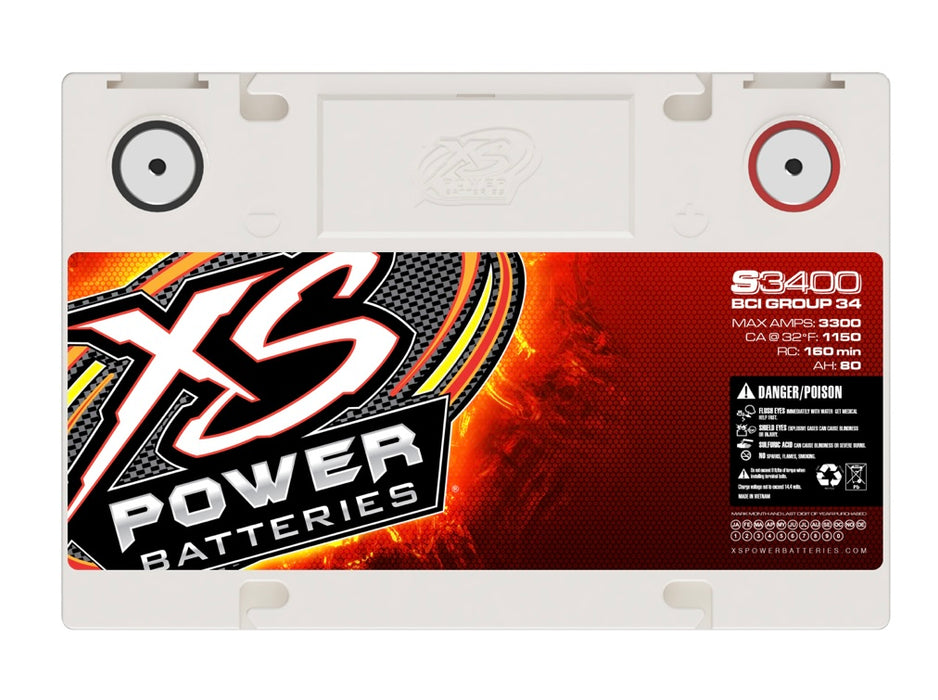 S3400 XS Power Battery 12V AGM S Series BCI Group 34 - Automotive Terminals Included 2500W / 4000W