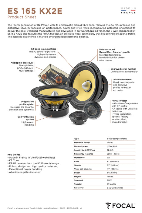 ES 165 KX2E Focal K2 Power Evo 6.5" 2-Way Component Speakers Kit w FRAK Tweeters 120W RMS Elite Car Audio 2 Ohm (Pair)