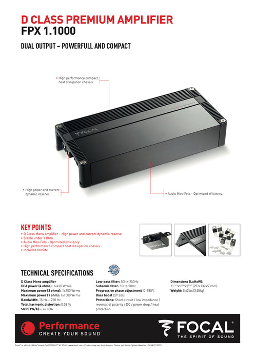 FPX 1.1000 Focal Performance Mono Subwoofer Amplifier 1000W RMS 1 Ohm Class D Car Audio Sub Amp