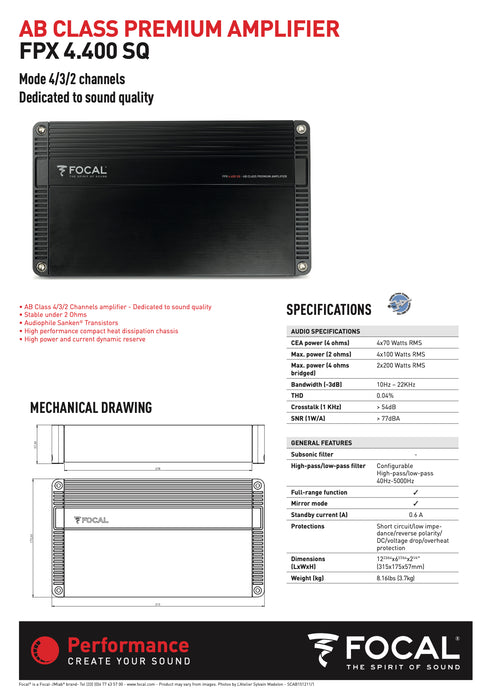 FPX 4.400 SQ Focal 4 Channel Performance Car Audio Amplifier 4x70W 4 Ohm, 4x100W 2 Ohm Class AB Amp