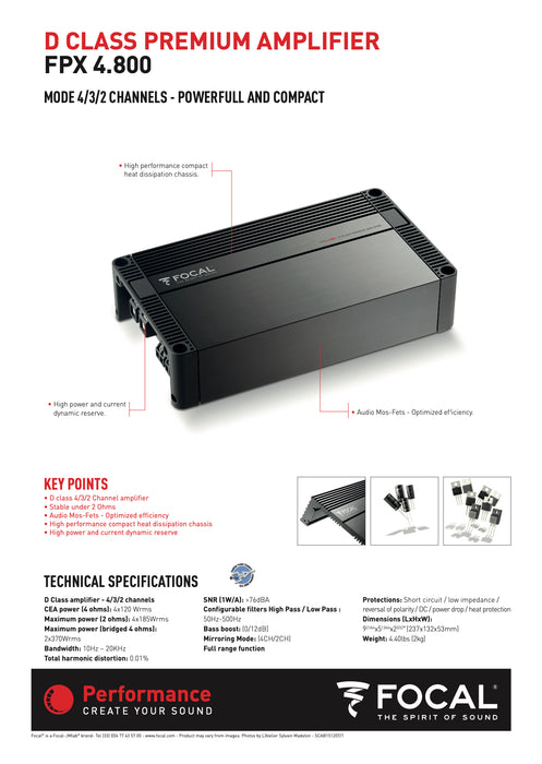 FPX 4.800 Focal 4 Channel Performance Car Audio Amplifier 4x120W 4 Ohm, 4x185W 2 Ohm Class D Amp