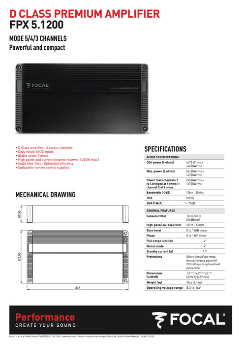FPX 5.1200 Focal 5 Channel Performance Car Audio Amplifier 4x120W RMS + 1x720W RMS Class D Amp