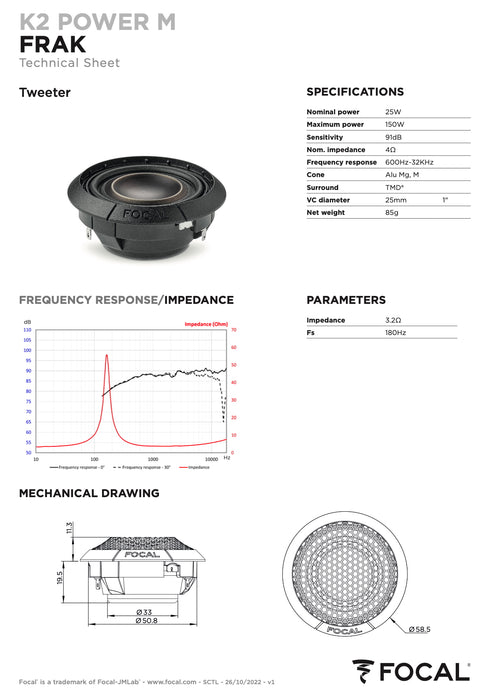 FRAK Focal K2 Power Aluminum/Magnesium M Dome 1" Tweeter Harmonious Car Audio 4 Ohm (Pair)