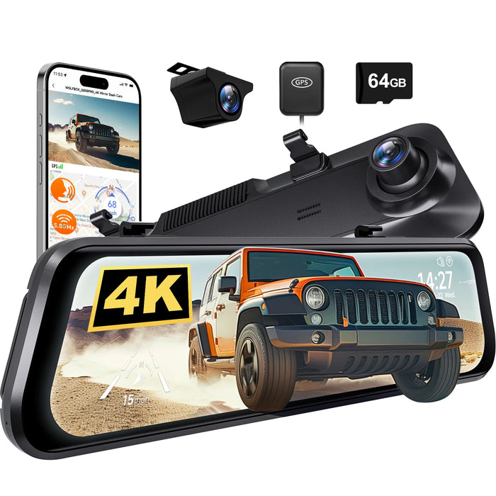 G850Pro Wolfbox 4K 12" Rear View Mirror Dash Cam Touch Screen ADAS Smart Mirror 5.8GHz WiFi 64GB SD Card with Voice Control