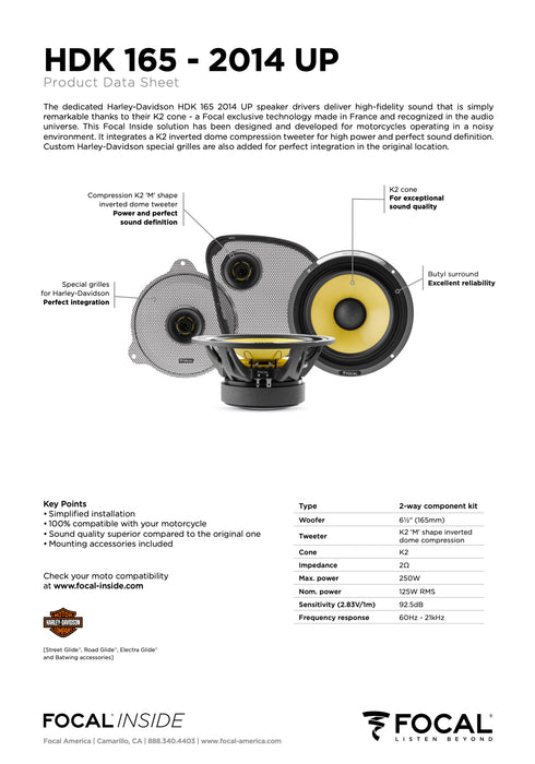HDK 165 - 2014 UP Focal Motorcycle Fairing Speaker Upgrade Kit for 2014+ Harley Davidson Touring Motorcycles 125W RMS (2 Ohm) Pair