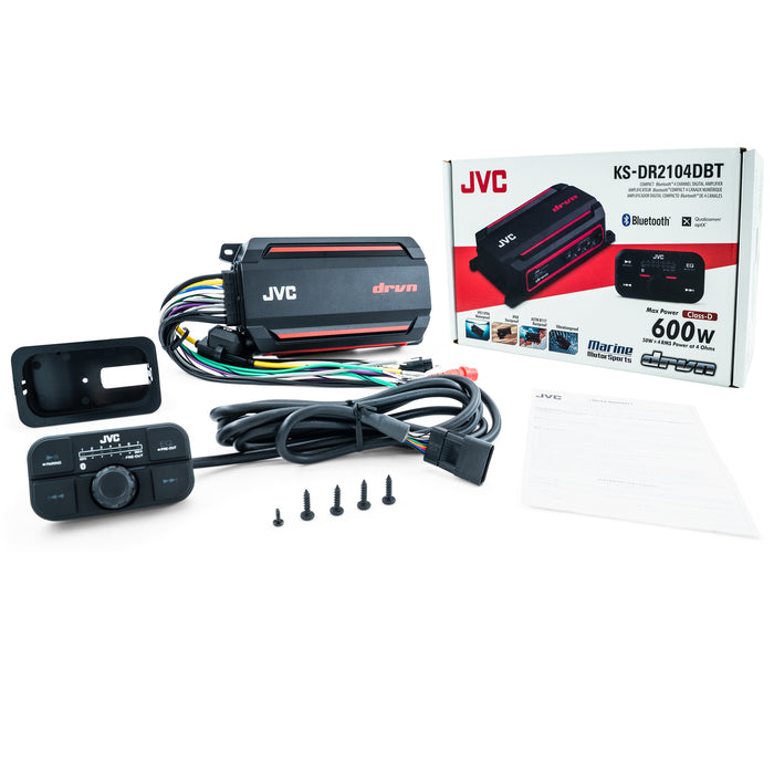 KS-DR2104DBT JVC 4-Channel Compact Powersports Amplifier with Built-in Bluetooth Streaming Controller, 50Wx4 at 4ohms 75Wx4 at 2ohms RMS 600W Peak Marine, ATV and Powersport Applications IP66 / IP67 Waterproof, Dustproof, Rust Proof and Vibration Proof