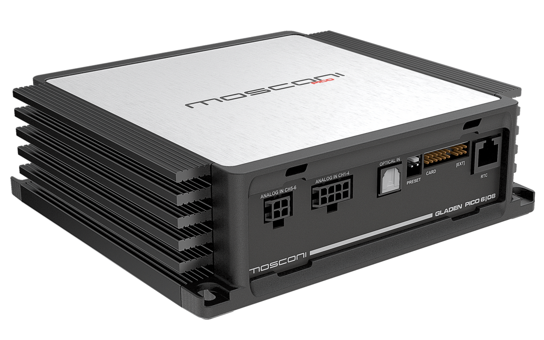 PICO 6|8 DSP Mosconi Pico Line 6 Channel Class D Amplifier With Built-In 8 Channel DSP, 4x50W + 2x90W 4 Ohm, Car Audio Amplifier