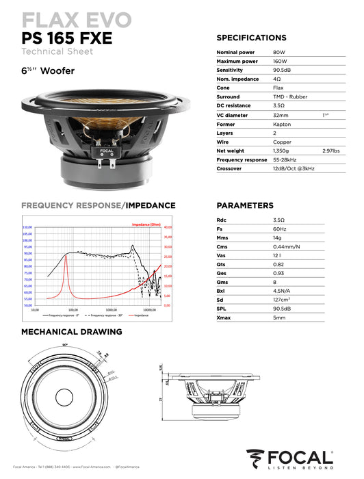 PS 165 FXE Focal Flax Evo 6.5" 2-Way Component Speakers Kit w M Dome Tweeters 80W RMS Performance Car Audio 4 Ohm (Pair)