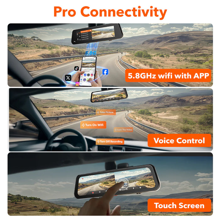 G900Pro Wolfbox 4K Sony Starvis2 12" Rear View Mirror Dash Cam Touch Screen Smart Mirror 5.8GHz WiFi 128GB SD Card with Voice Control