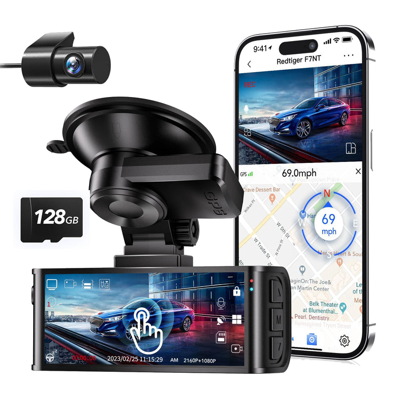 F7NT-MAX Redtiger Touchscreen 4K Front + HD Rear Dual Dash Cam Kit App & WiFi Control DVR and Parking Monitoring Camera, 128 GB High Capacity SD Card Included