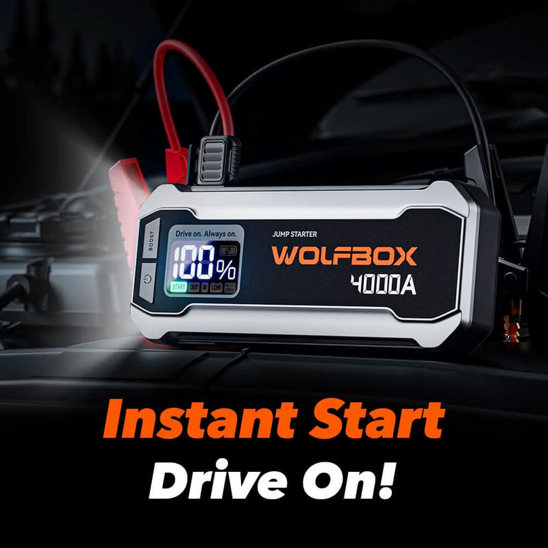 MegaVolt24 Wolfbox Cordless Portable 12 Volt Car Battery Jumper 4000A LED Display LED Flashlight 65W Fast Charger Jump Box Pack