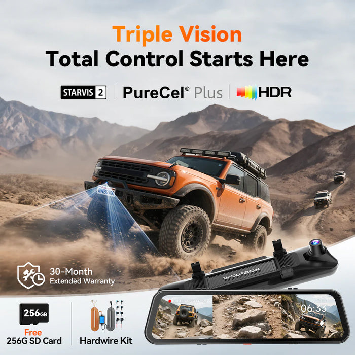 G900TriPro Bumper Wolfbox 4K Sony Starvis2 12" Rear View Mirror Dash Cam Touch Screen Smart Mirror 5.8GHz WiFi 256GB SD Card with Voice Control