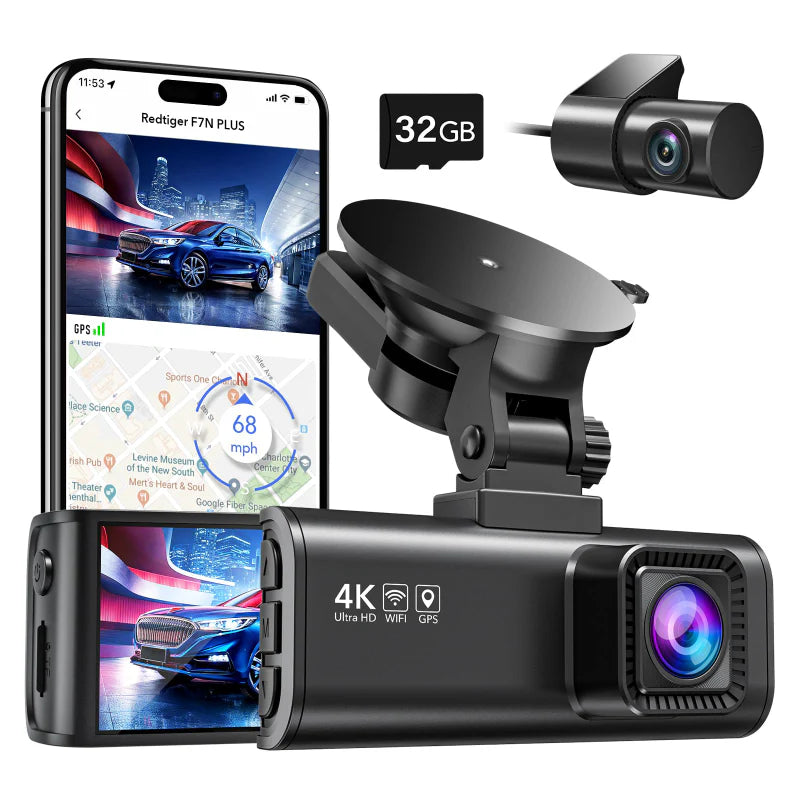 F7NP Redtiger 4K Front + HD Rear Dual Dash Cam Kit App & WiFi Control DVR and Parking Monitoring Camera, 32GB SD Card Included