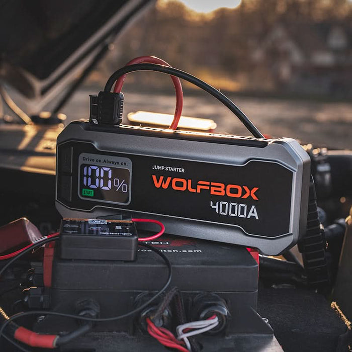 MegaVolt24 Wolfbox Cordless Portable 12 Volt Car Battery Jumper 4000A LED Display LED Flashlight 65W Fast Charger Jump Box Pack
